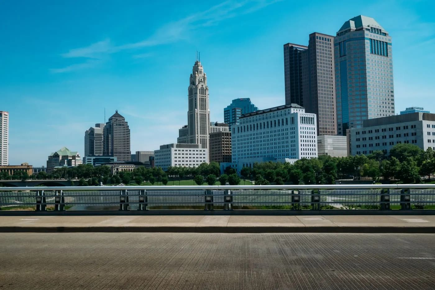 Downtown Columbus, Ohio skyline against a blue sky