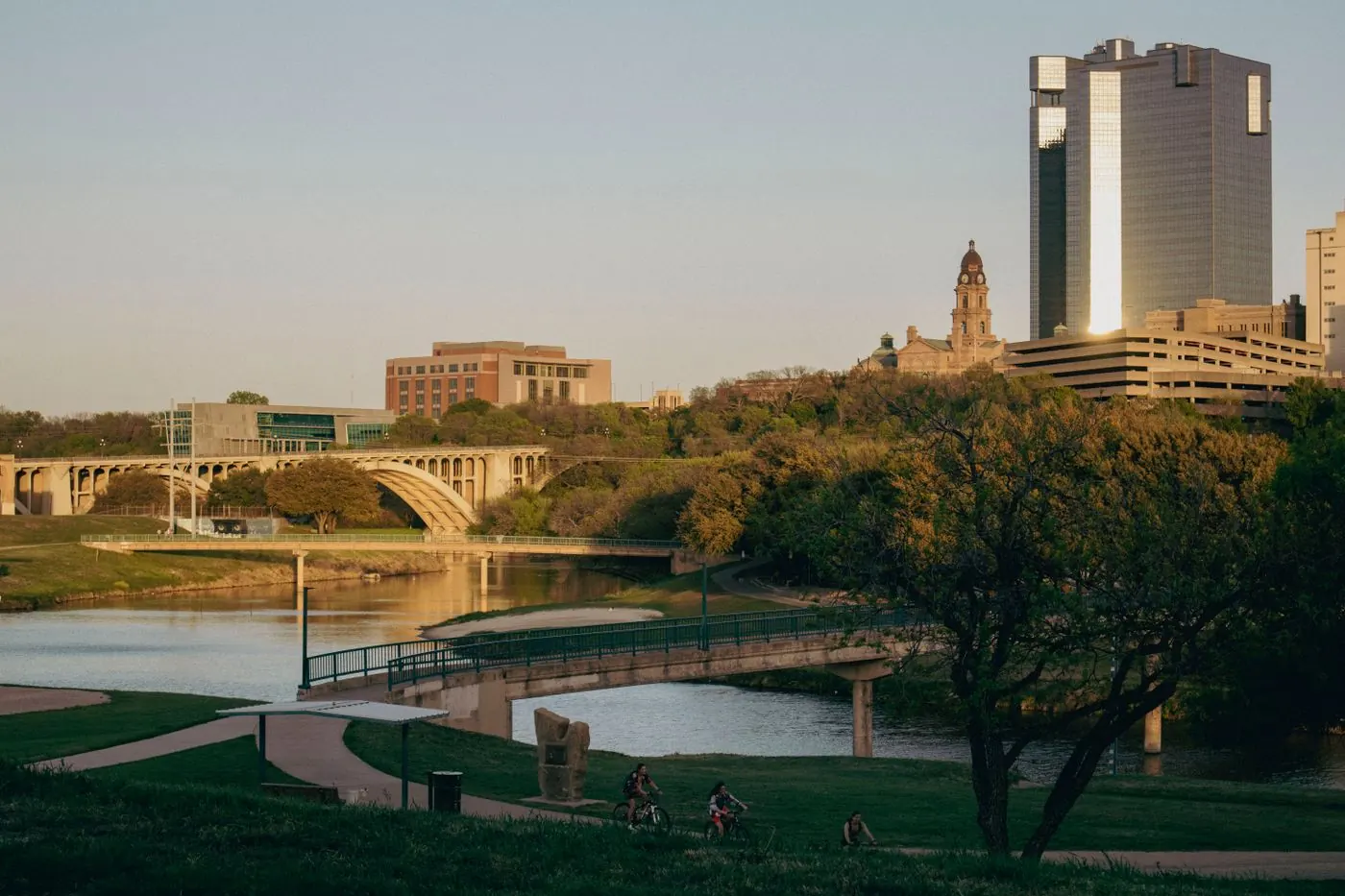 Fort Worth skyline over the Trinity River at sunset
