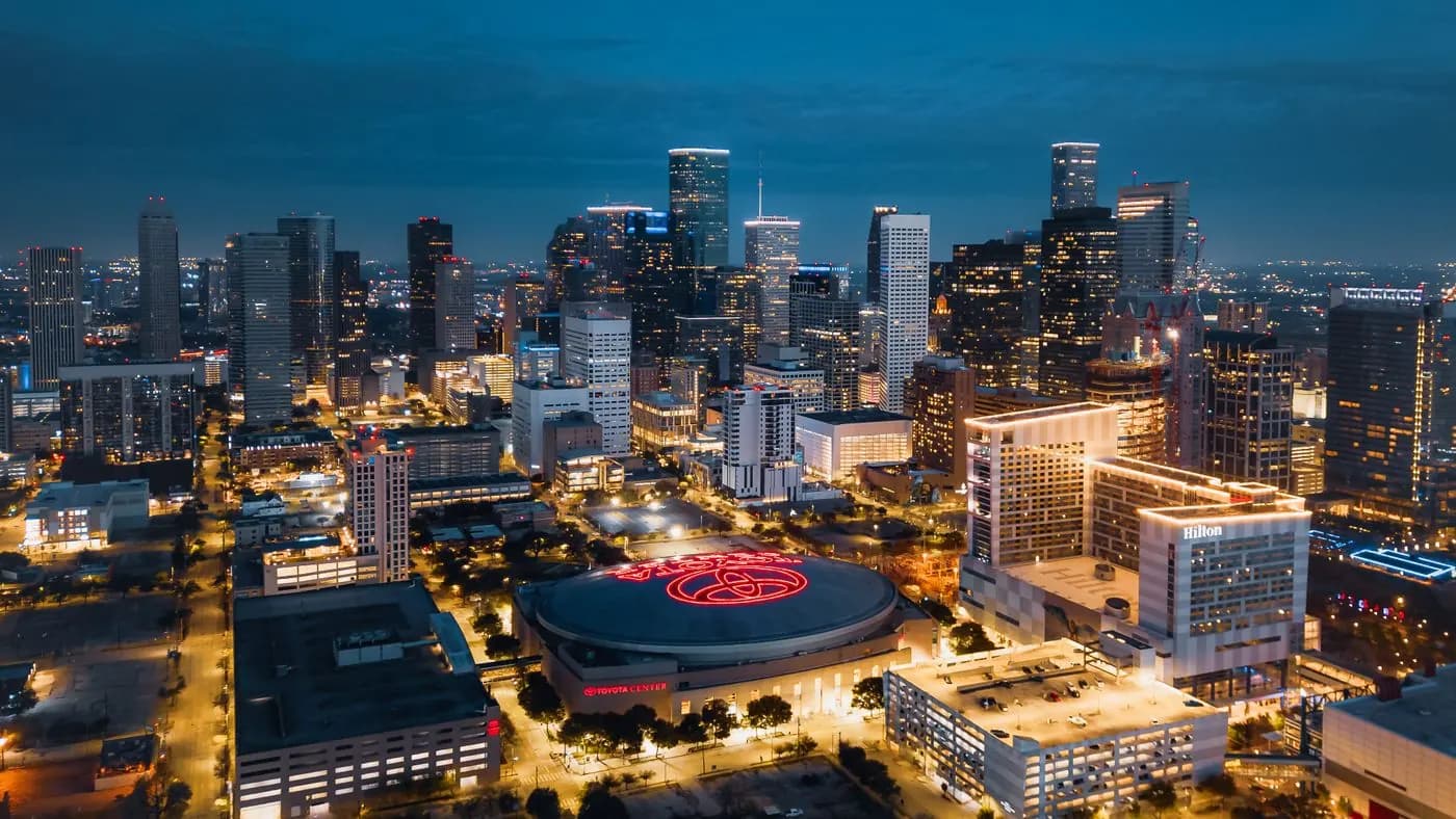 Downtown Houston skyline at night, where photo booth rentals serve events citywide