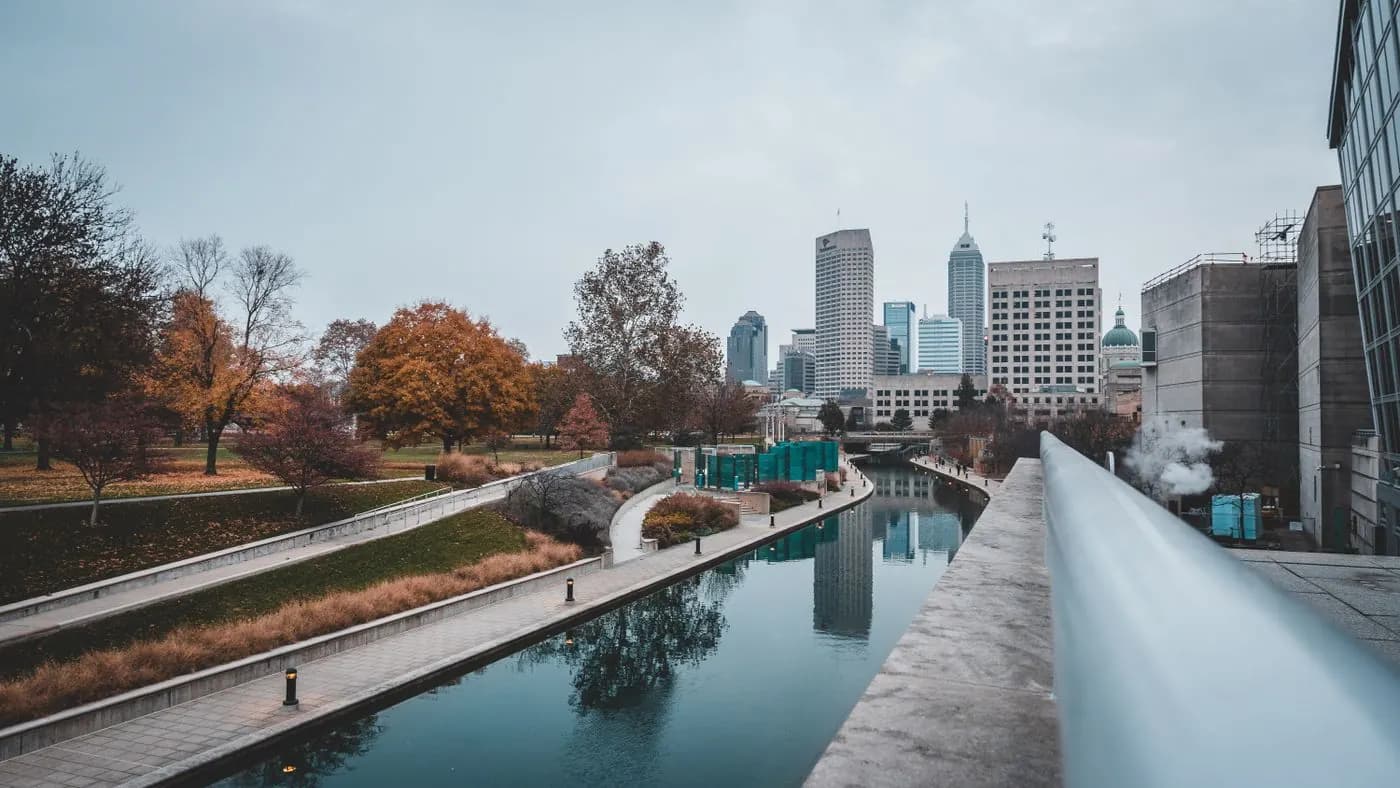 Indianapolis Canal Walk with the downtown skyline in autumn
