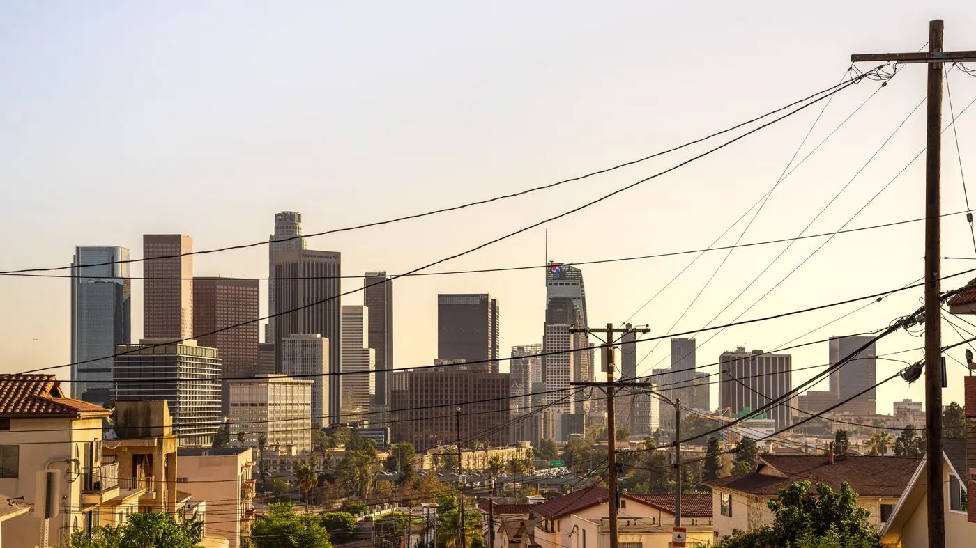Downtown Los Angeles skyline at sunset, a hub for photo booth rentals