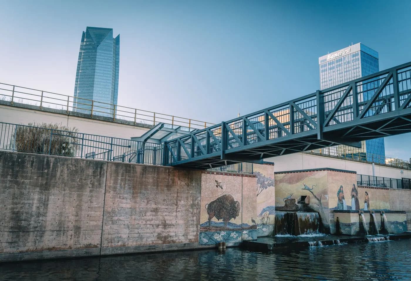 Bricktown Canal in Oklahoma City with downtown towers behind it