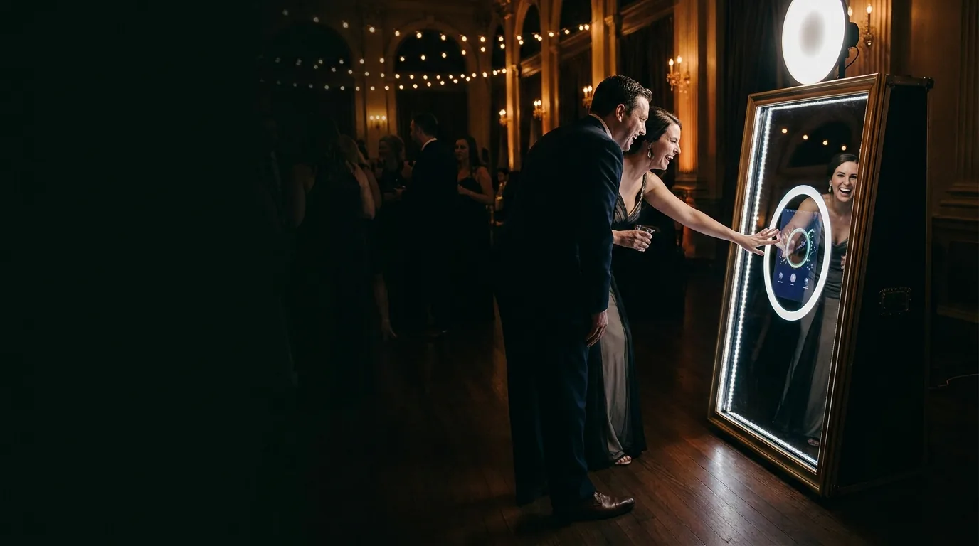 Guests tapping the touchscreen of a magic mirror photo booth