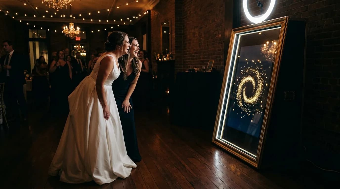 Bride and guest posing at a magic mirror photo booth at an evening reception